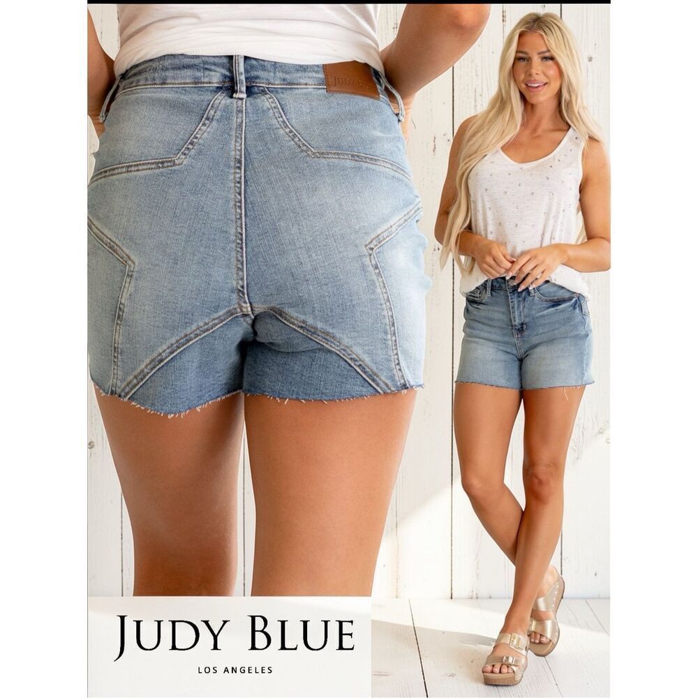 Judy Blue Star Seam High Rise Shorts Plus Medium Wash Raw Hem Stretch Denim NWT